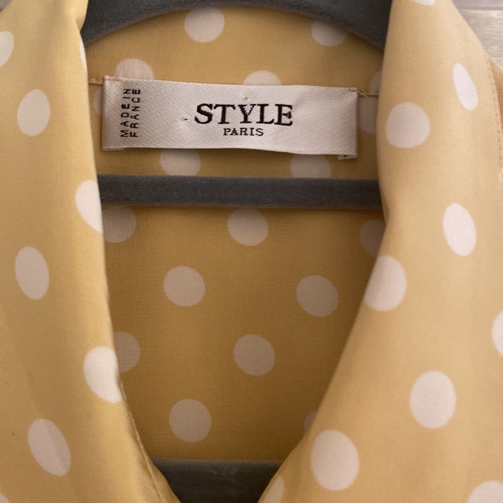 STYLE PARIS MADE IN FRANCE SILK POLKADOT YELLOW RUFFLE BLOUSE - Picture 2 of 9